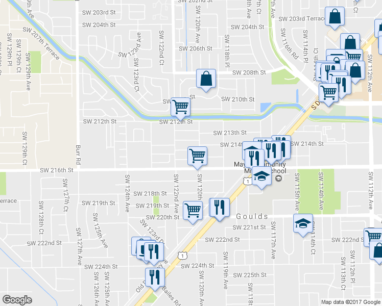 map of restaurants, bars, coffee shops, grocery stores, and more near 12040 Southwest 214th Terrace in Miami