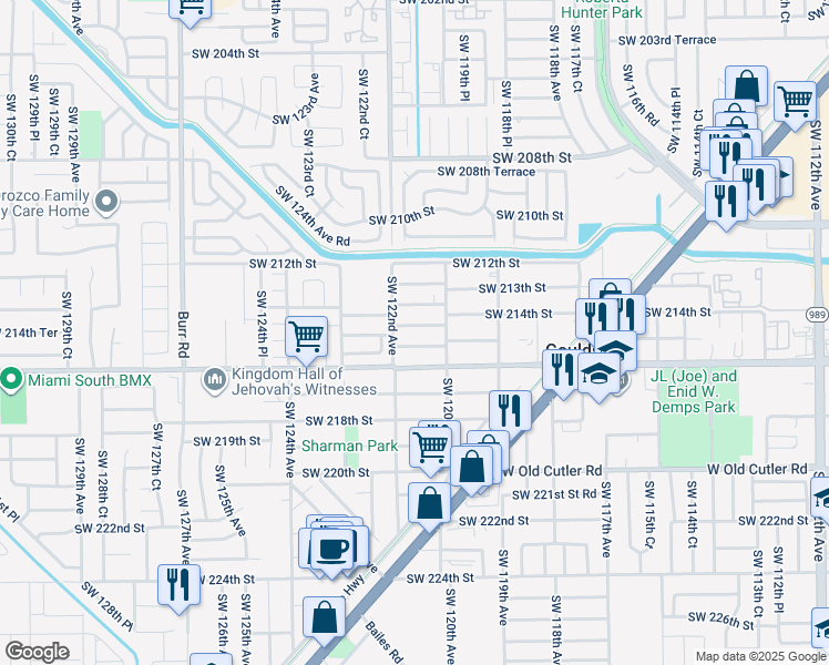 map of restaurants, bars, coffee shops, grocery stores, and more near 12040 Southwest 214th Terrace in Miami