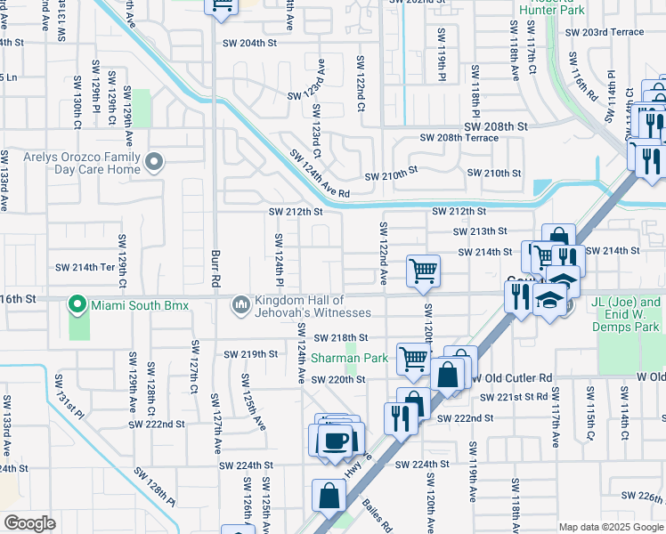 map of restaurants, bars, coffee shops, grocery stores, and more near 12310 Southwest 214th Terrace in Miami