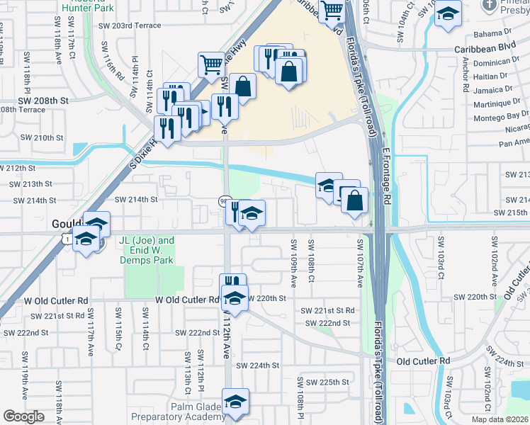 map of restaurants, bars, coffee shops, grocery stores, and more near 21503 Southwest 110th Avenue in Cutler Bay