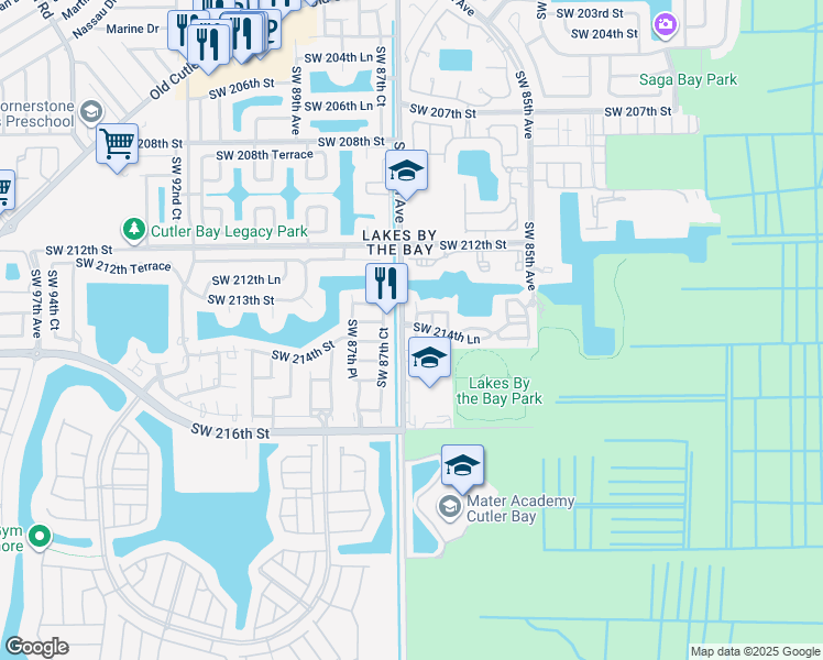 map of restaurants, bars, coffee shops, grocery stores, and more near 21450 Southwest 86th Place in Cutler Bay