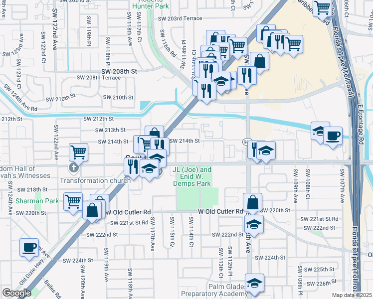 map of restaurants, bars, coffee shops, grocery stores, and more near 11451 Southwest 215th Street in Miami