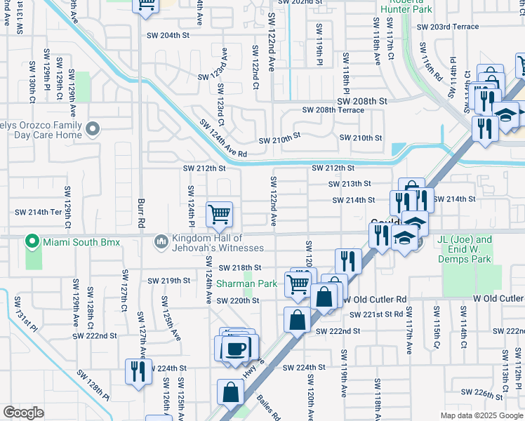 map of restaurants, bars, coffee shops, grocery stores, and more near 12223 Southwest 214 Lane in Miami
