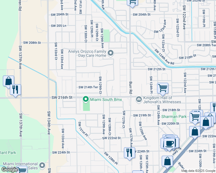 map of restaurants, bars, coffee shops, grocery stores, and more near 21423 Southwest 128th Place in Miami