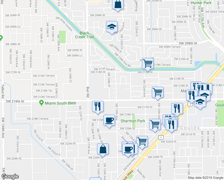 map of restaurants, bars, coffee shops, grocery stores, and more near 21400 Southwest 124th Place in Miami