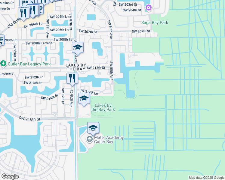 map of restaurants, bars, coffee shops, grocery stores, and more near 21461 Southwest 85th Avenue in Cutler Bay