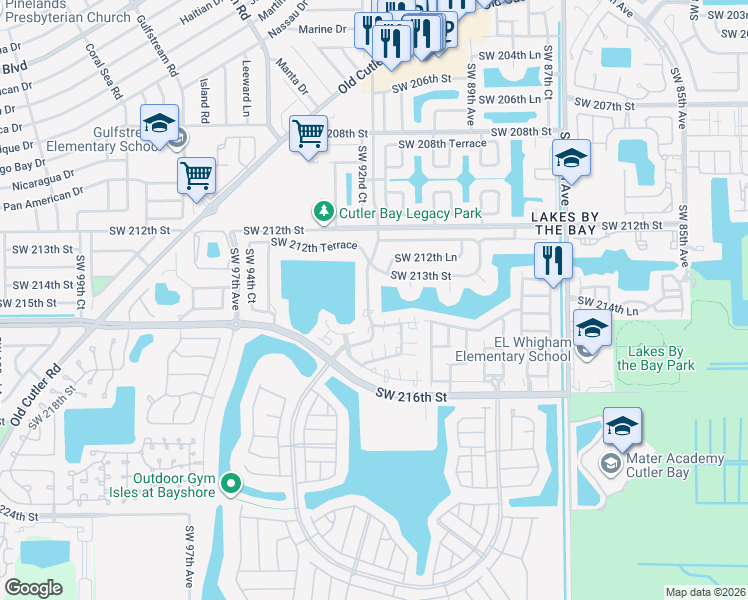 map of restaurants, bars, coffee shops, grocery stores, and more near 21369 Southwest 92nd Avenue in Cutler Bay