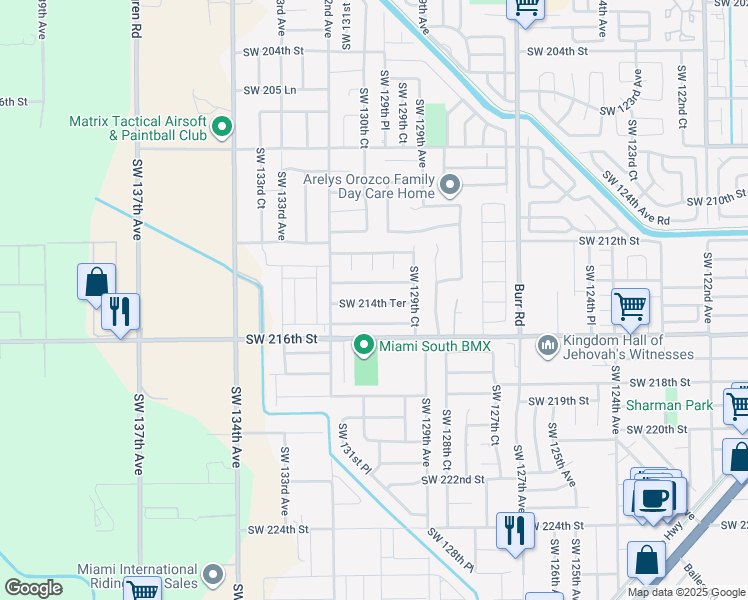 map of restaurants, bars, coffee shops, grocery stores, and more near 13033 Southwest 214th Terrace in Miami
