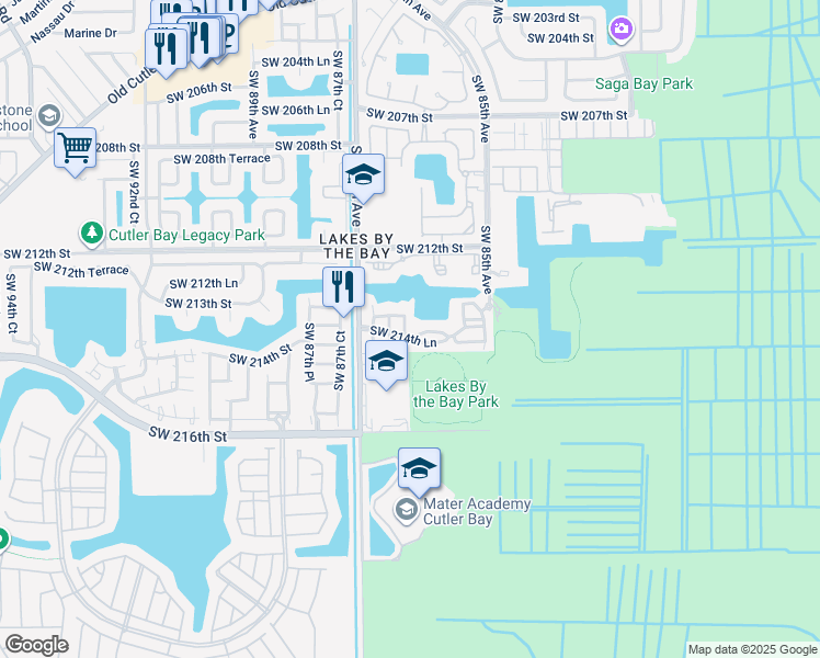map of restaurants, bars, coffee shops, grocery stores, and more near 21449 Southwest 85th Path in Cutler Bay