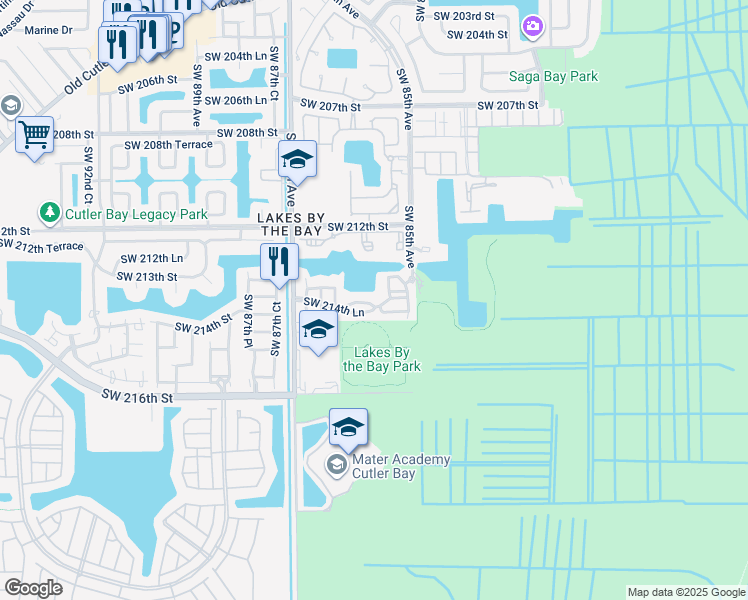 map of restaurants, bars, coffee shops, grocery stores, and more near 8541 Southwest 214th Lane in Cutler Bay