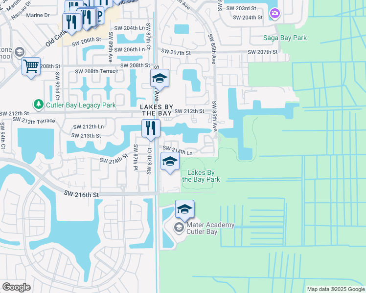 map of restaurants, bars, coffee shops, grocery stores, and more near 21449 Southwest 85th Path in Cutler Bay