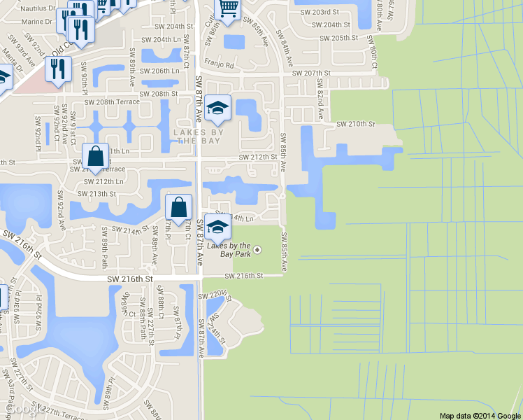 map of restaurants, bars, coffee shops, grocery stores, and more near 8541 Southwest 214th Lane in Cutler Bay
