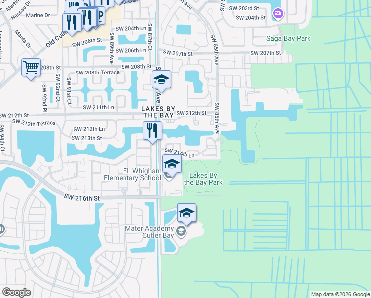 map of restaurants, bars, coffee shops, grocery stores, and more near 21449 Southwest 85th Path in Cutler Bay
