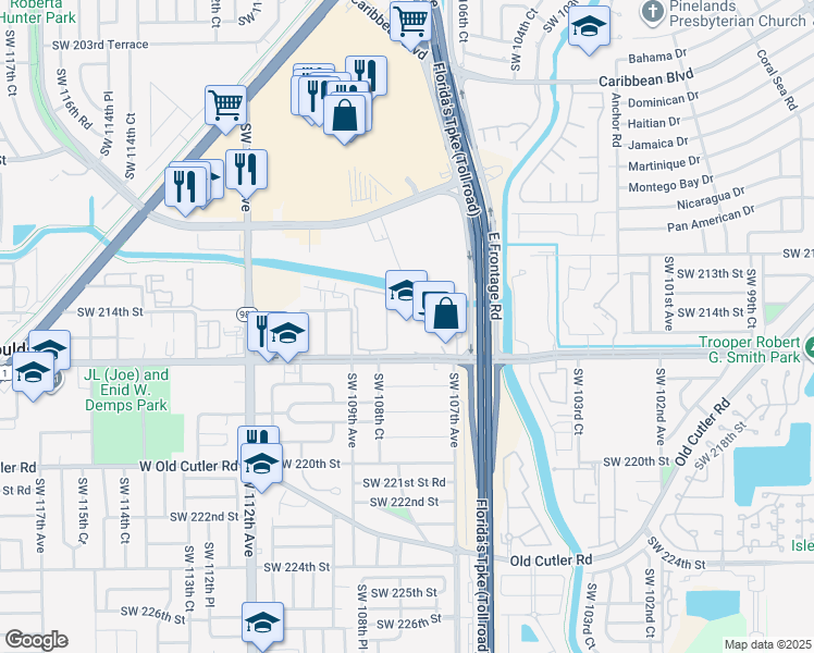 map of restaurants, bars, coffee shops, grocery stores, and more near 10853 Southwest 216th Street in Miami