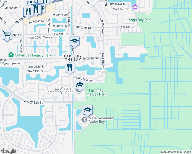map of restaurants, bars, coffee shops, grocery stores, and more near 8541 Southwest 214th Lane in Cutler Bay