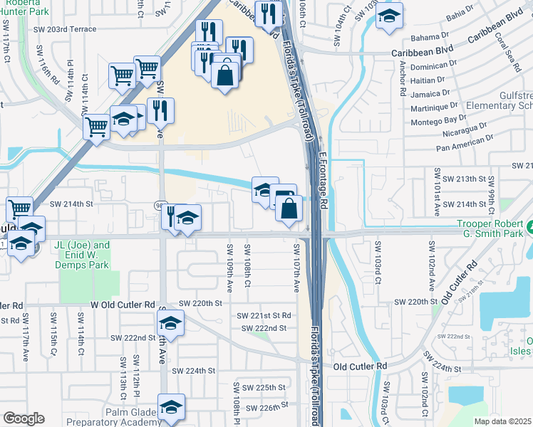 map of restaurants, bars, coffee shops, grocery stores, and more near 10853 Southwest 216th Street in Miami