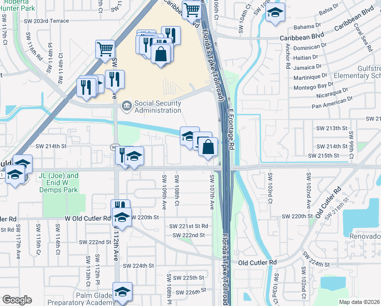map of restaurants, bars, coffee shops, grocery stores, and more near 10853 Southwest 216th Street in Miami
