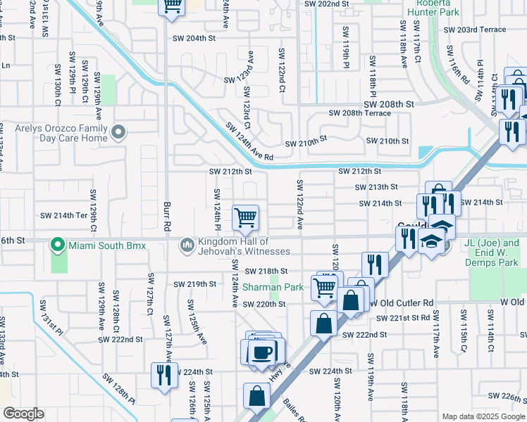 map of restaurants, bars, coffee shops, grocery stores, and more near 12310 Southwest 214th Terrace in Miami