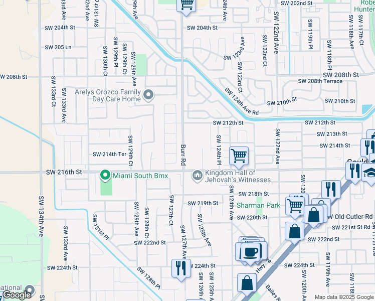 map of restaurants, bars, coffee shops, grocery stores, and more near 21401 Southwest 127th Avenue in Miami