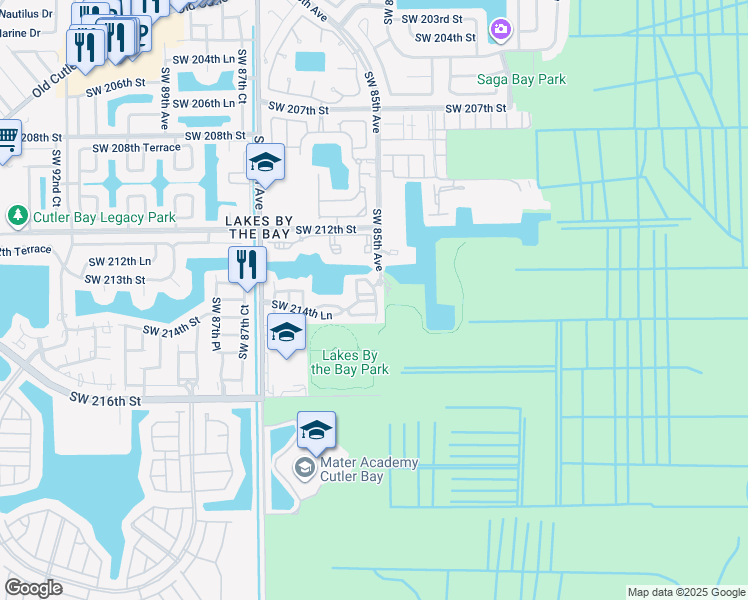map of restaurants, bars, coffee shops, grocery stores, and more near 21461 Southwest 85th Avenue in Cutler Bay