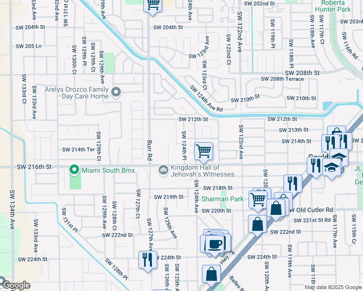 map of restaurants, bars, coffee shops, grocery stores, and more near 21400 Southwest 124th Place in Miami