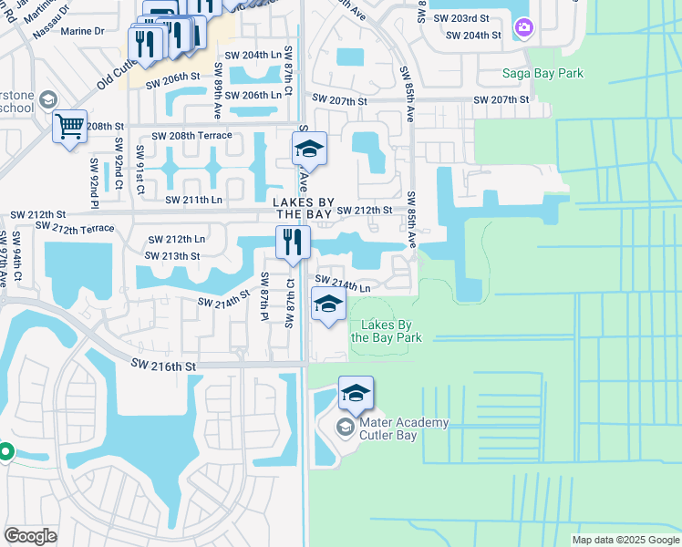 map of restaurants, bars, coffee shops, grocery stores, and more near 21436 Southwest 85th Path in Cutler Bay