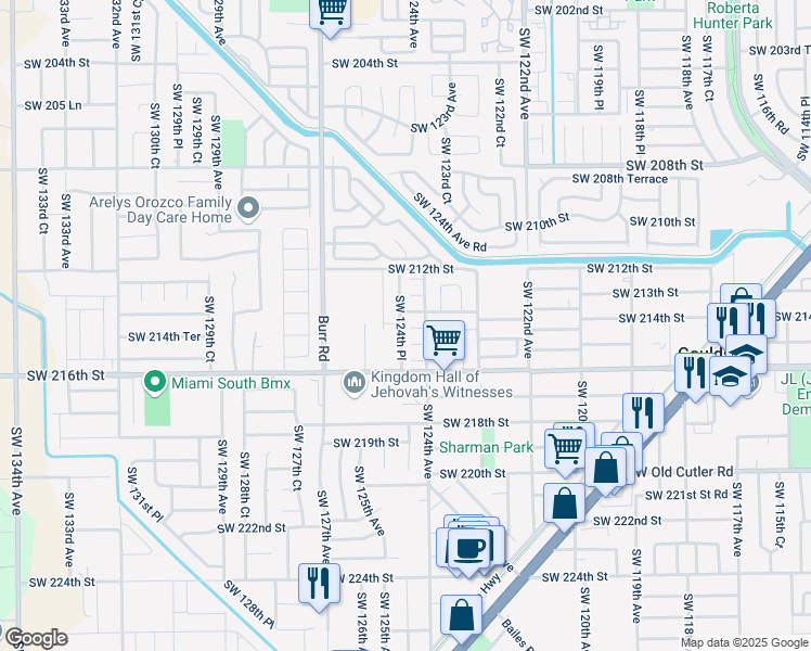 map of restaurants, bars, coffee shops, grocery stores, and more near 21400 Southwest 124th Place in Miami