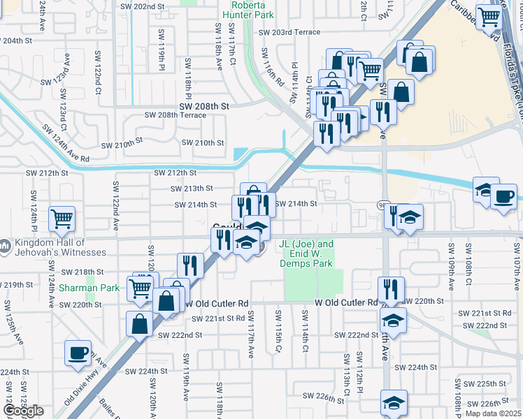 map of restaurants, bars, coffee shops, grocery stores, and more near 21475 U.S. 1 in Miami