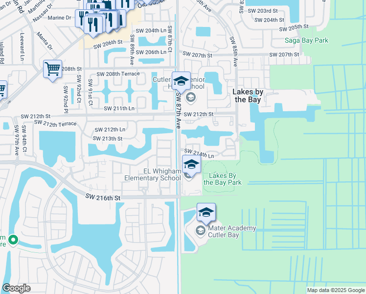 map of restaurants, bars, coffee shops, grocery stores, and more near 21450 Southwest 86th Place in Cutler Bay