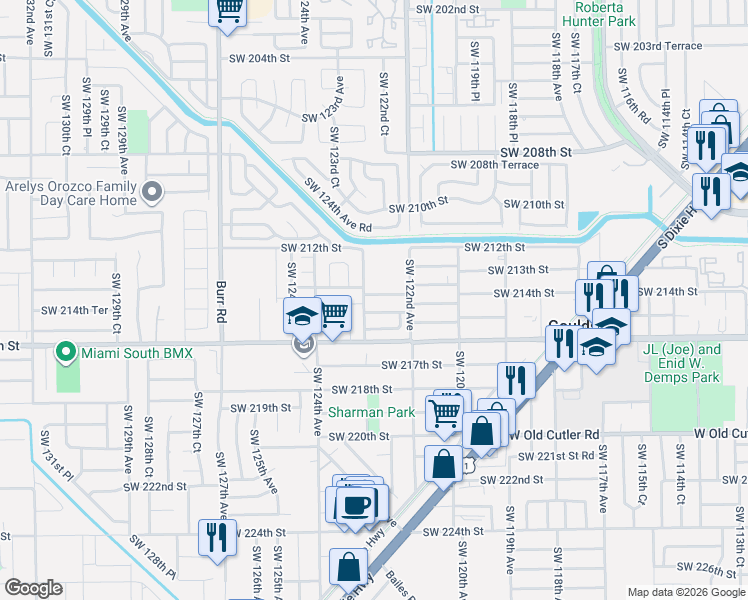 map of restaurants, bars, coffee shops, grocery stores, and more near 12310 Southwest 214th Terrace in Miami