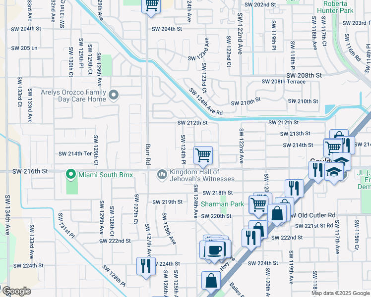map of restaurants, bars, coffee shops, grocery stores, and more near 21400 Southwest 124th Place in Miami