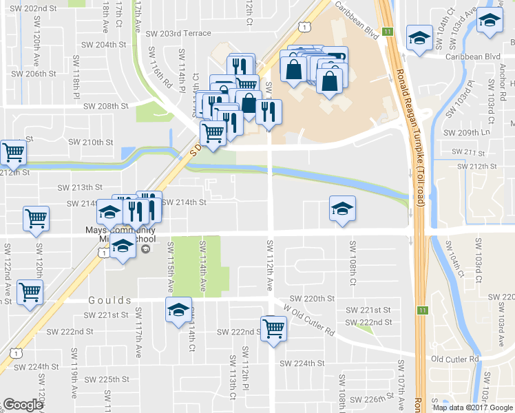 map of restaurants, bars, coffee shops, grocery stores, and more near 21358 Southwest 112th Avenue in Miami