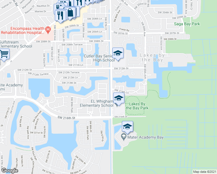 map of restaurants, bars, coffee shops, grocery stores, and more near 8744 Southwest 213th Lane in Cutler Bay