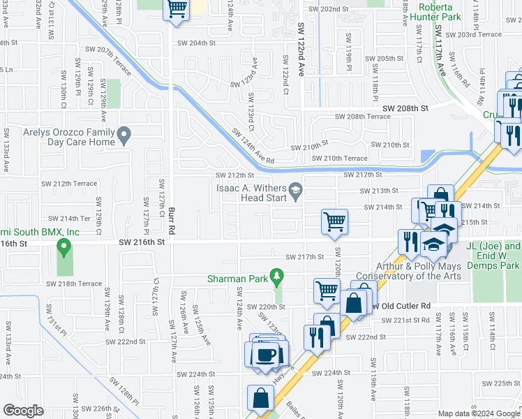 map of restaurants, bars, coffee shops, grocery stores, and more near 12310 Southwest 214th Terrace in Miami