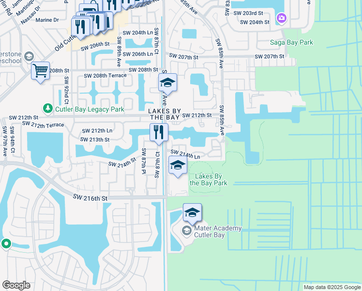 map of restaurants, bars, coffee shops, grocery stores, and more near 21449 Southwest 85th Path in Cutler Bay
