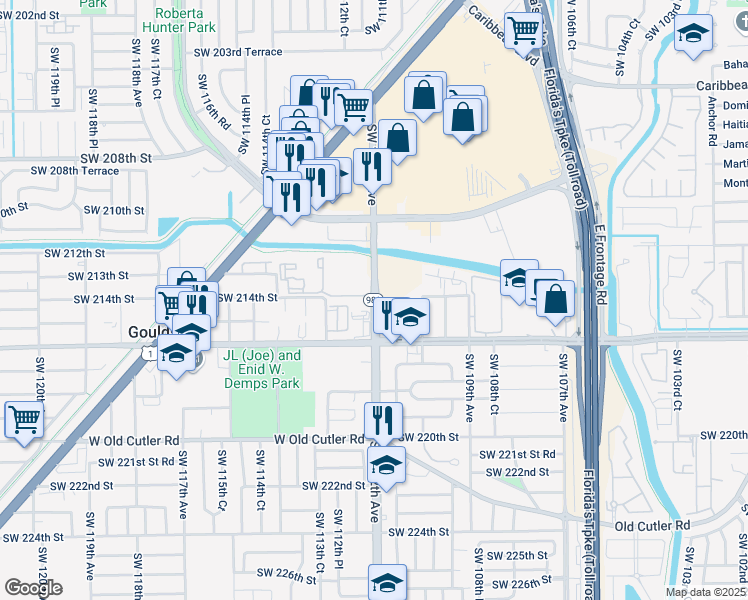 map of restaurants, bars, coffee shops, grocery stores, and more near 21352 Southwest 112th Avenue in Miami
