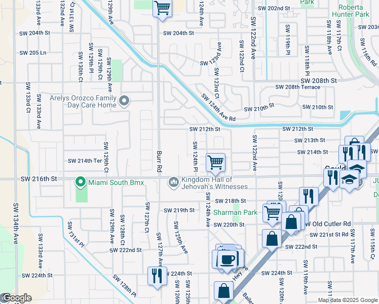 map of restaurants, bars, coffee shops, grocery stores, and more near 21400 Southwest 124th Place in Miami