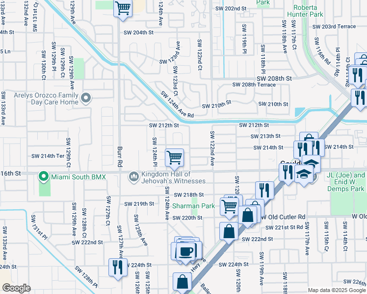 map of restaurants, bars, coffee shops, grocery stores, and more near 12310 Southwest 214th Terrace in Miami