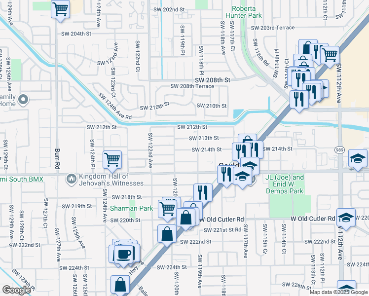 map of restaurants, bars, coffee shops, grocery stores, and more near 21445 Southwest 120th Avenue in Miami