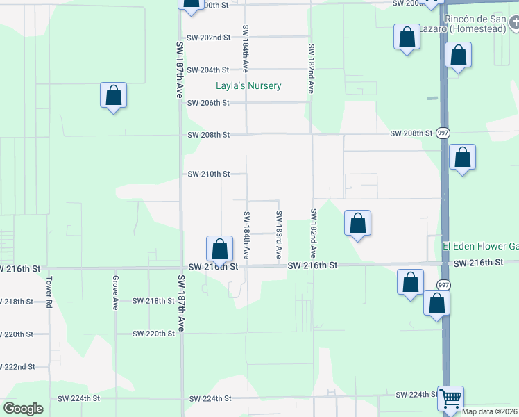 map of restaurants, bars, coffee shops, grocery stores, and more near 21345 Southwest 184th Avenue in Miami