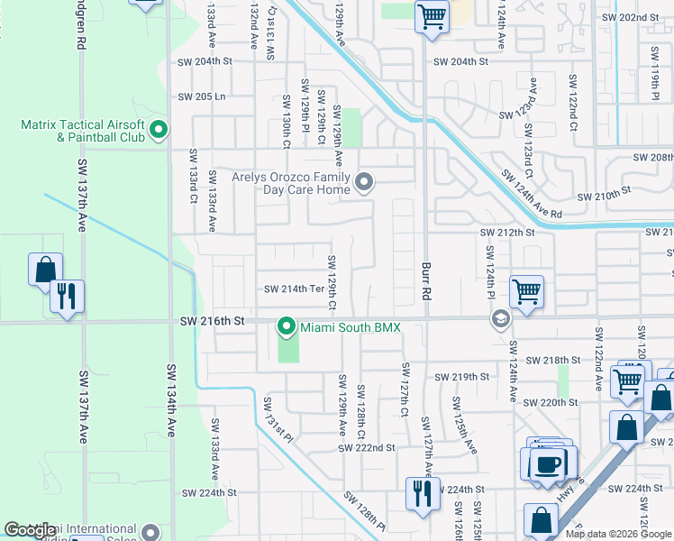 map of restaurants, bars, coffee shops, grocery stores, and more near 21351 Southwest 129th Court in Miami