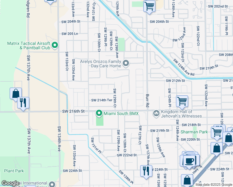 map of restaurants, bars, coffee shops, grocery stores, and more near 21351 Southwest 129th Court in Miami