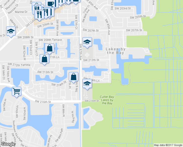 map of restaurants, bars, coffee shops, grocery stores, and more near 8575 Southwest 214th Terrace in Cutler Bay