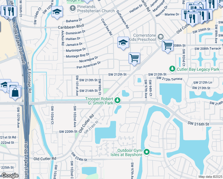 map of restaurants, bars, coffee shops, grocery stores, and more near 21325 Ingraham Avenue Road in Cutler Bay