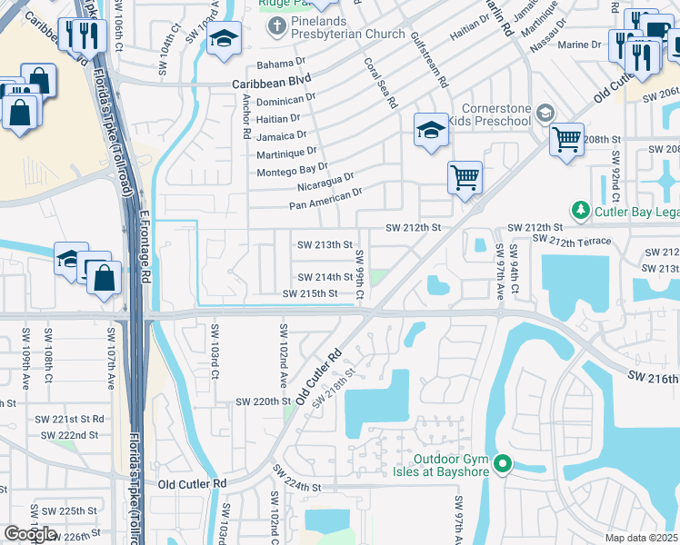 map of restaurants, bars, coffee shops, grocery stores, and more near 9955 Southwest 213th Terrace in Cutler Bay