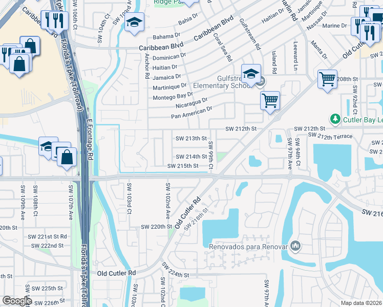 map of restaurants, bars, coffee shops, grocery stores, and more near 9955 Southwest 213th Terrace in Cutler Bay