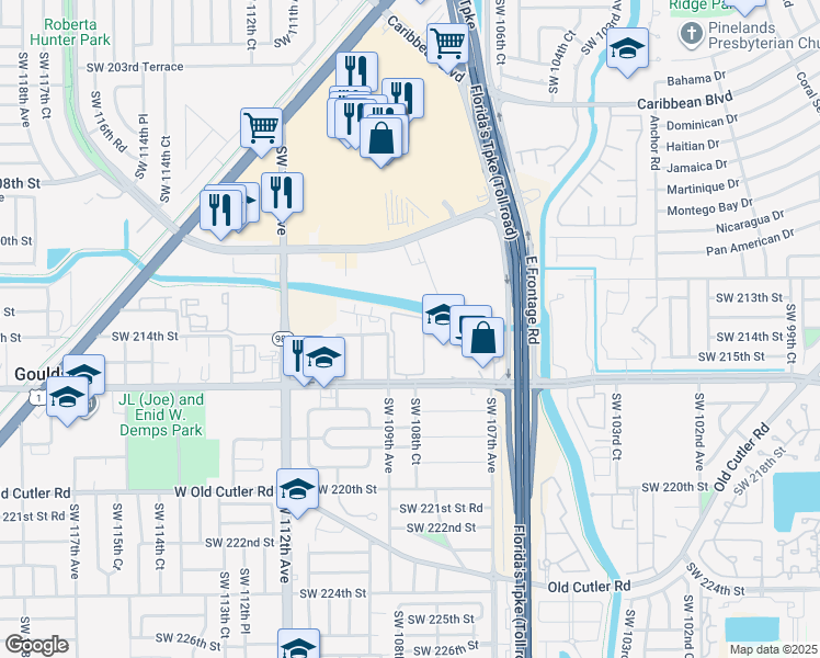 map of restaurants, bars, coffee shops, grocery stores, and more near 10875 Southwest 216th Street in Miami