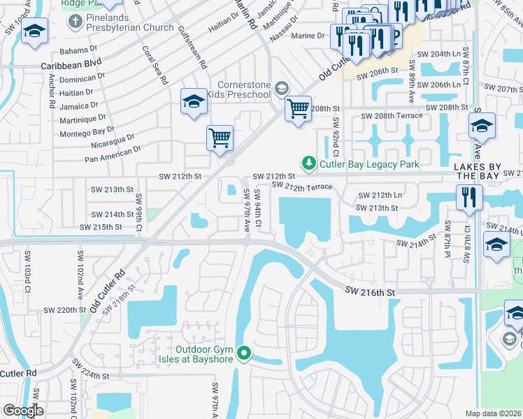 map of restaurants, bars, coffee shops, grocery stores, and more near 21310 Southwest 94th Avenue in Cutler Bay