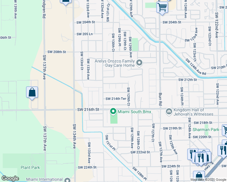 map of restaurants, bars, coffee shops, grocery stores, and more near 21259 Southwest 130th Court in Miami