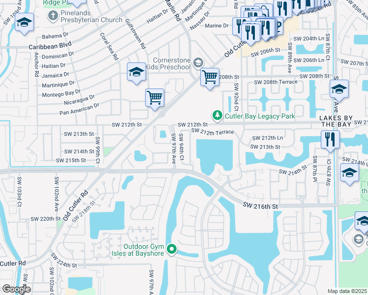 map of restaurants, bars, coffee shops, grocery stores, and more near 21310 Southwest 94th Avenue in Cutler Bay